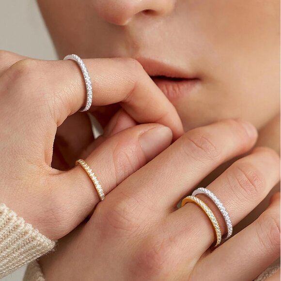 Gold Wedding Band Rings for Women, Cubic Zirconia Promise Eternity Engagement Ri - Picture 6 of 9